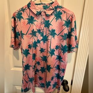 Yatta Golf Polo Shirt Pink Palm Tree Tropical Print Men’s Small